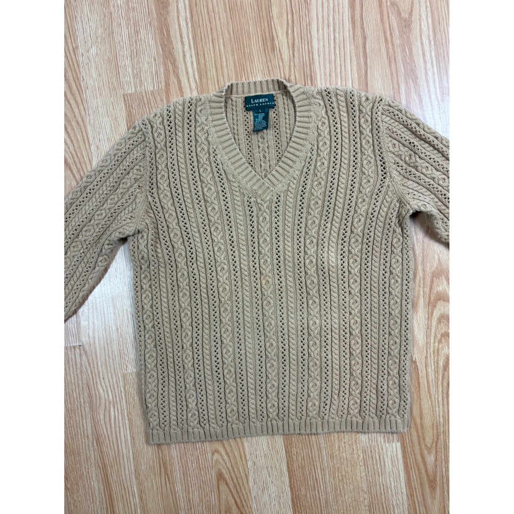 Lauren Ralph Lauren Tan Cotton Cable Knit V-Neck Sweater Large Pointelle Camel